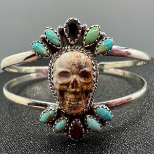 🎃 Turquoise Onyx Jasper Sterling Silver 925 Skull Skeleton Bracelet Handmade